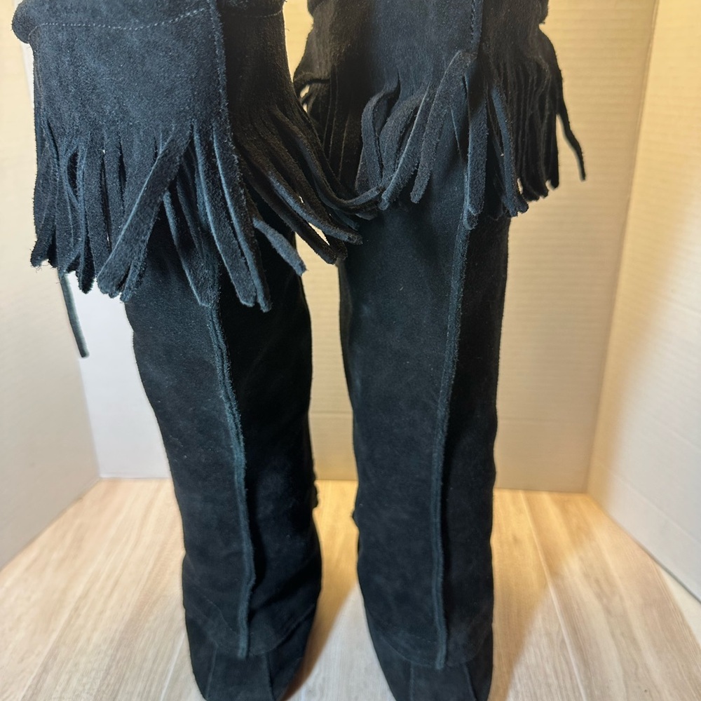 Minnetonka Black Suede Lace-Up Fringe Boots - Picture 4 of 8